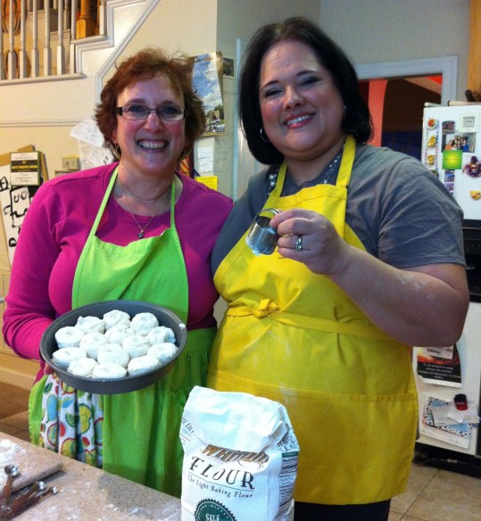 A very happy biscuit-making Jill, with her teacher Sandra.